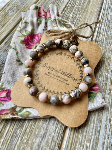 Essential Oil Diffuser Bracelet, Pink & Grey Zebra Jasper, Diffuser, Aromatherapy Bracelet, Natural Stone Jewelry, Lava Stone Bracelet